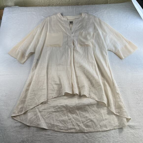 Anne Klein L Large Tunic Top Shirt Linen High Low Blouse Lagenlook Minimalist - Picture 3 of 16